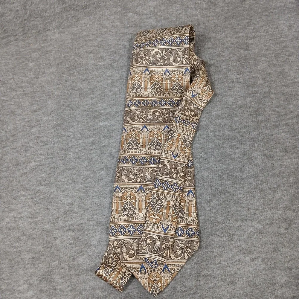 Bill Blass Necktie Mens Gold Brown Blue‎ Silk Architectural Tapestry Pattern